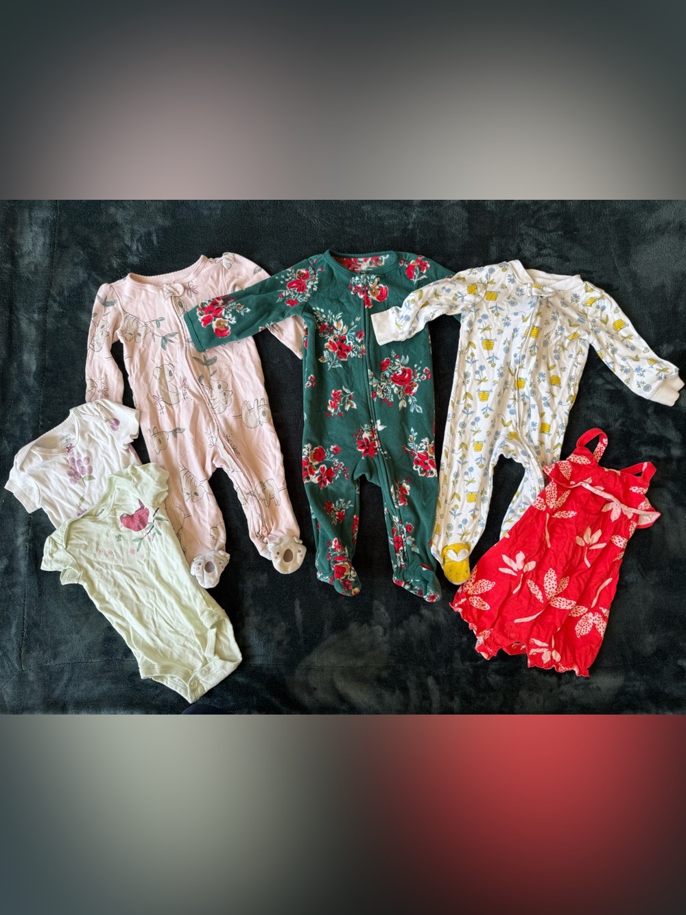6 Carter’s Baby Girl One-Piece Sleepers Pajamas & Red Romper Set 9 Months